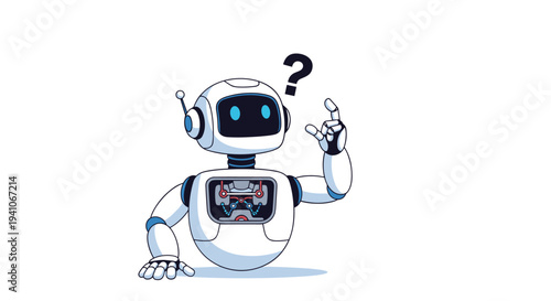 Cute white robot character with blue eyes looking up with a thoughtful expression and a question mark floating above its head on a white background.