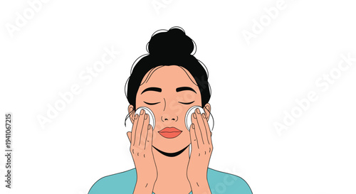 Close up illustration of a woman with her eyes closed and hair in a bun using cotton pads to clean her face as part of a daily skincare routine.