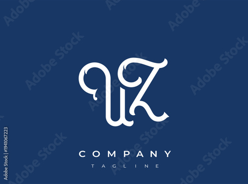 Elegant white uz monogram logo on blue background template