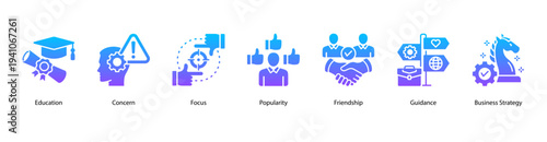 Social and Strategic Values web banner featuring Education, Concern, Focus, Popularity, Friendship, Guidance, and Business Strategy.