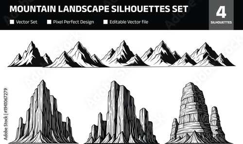 Mountain landscape illustration set featuring rocky peaks alpine ranges canyon cliffs and desert rock formations isolated monochrome collection for nature geography adventure design