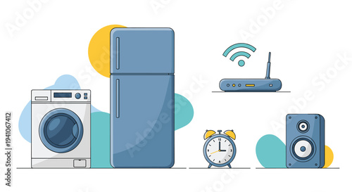 Collection of modern household appliances including a refrigerator, washing machine, wireless router, alarm clock, and audio speaker.