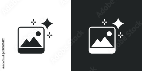 Image enhancement icon showing photo frame with mountains and sparkle stars. Filled single symbol. Flat style sign. Solid glyph vector illustration