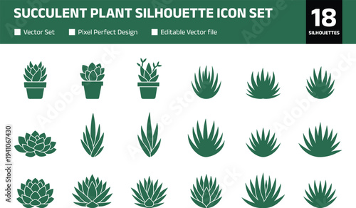 Succulent plant silhouette icon set featuring aloe agave cactus rosette houseplants in pots isolated monochrome botanical collection for garden nature design