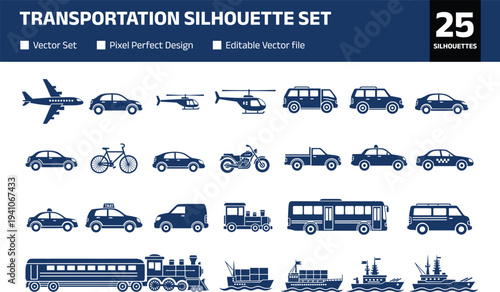 Transportation silhouette set with airplane helicopter cars motorcycle bicycle bus train truck and ships icons for logistics travel and global delivery services design