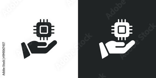 Hand holding microchip processor icon. Filled single symbol. Flat style sign. Solid glyph vector illustration