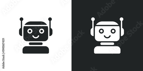 Friendly robot head icon for chatbot assistant and automated customer service. Filled single symbol. Flat style sign. Solid glyph vector illustration