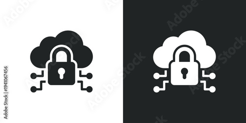 Cloud security icon with padlock and circuit lines for data protection and network safety technology. Filled single symbol. Flat style sign. Solid glyph vector illustration