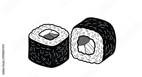 Hand-drawn black and white sketch of two delicious sushi maki rolls showing detailed rice, seaweed, and various delicious fillings.