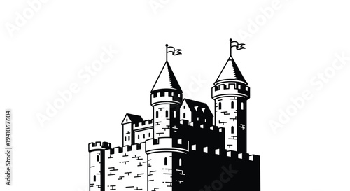 Majestic medieval castle silhouette with fortified towers, flags, and stonework battlements isolated against a solid white background.