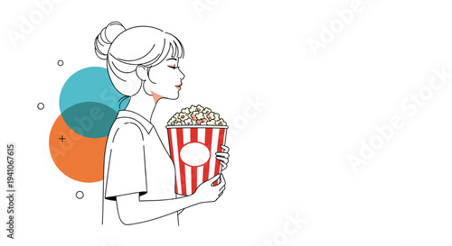 Young woman holding a striped bucket of popcorn in profile against a minimalist background with colorful abstract geometric circles.