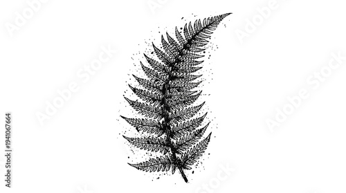 Hand-drawn fern frond illustration with ink splatter effect