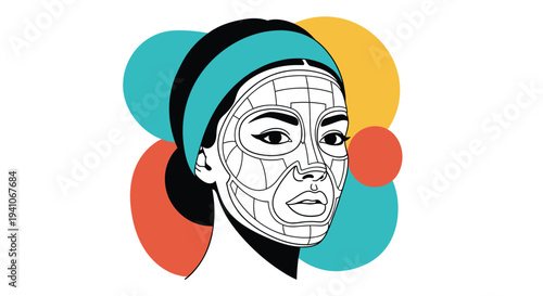 Woman wearing a rejuvenating facial mask divided into treatment zones against a background of colorful abstract floating circles.