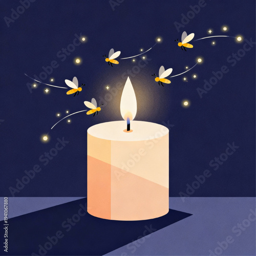Candle with magical fireflies