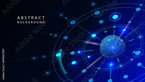 High-tech abstract data network background with glowing blue nodes and connection lines forming a digital communication system. 