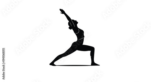 Silhouette of a woman in a warrior yoga pose, stretching and balancing with arms raised.