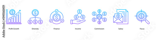 Profit and Growth web banner vector illustration featuring Profit Growth, Diversity, Finance, Income, Commission, Salary, and Focus.