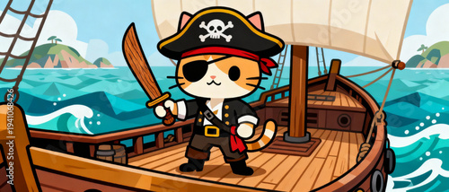 Cartoon-Style Cat Pirate on a Ship