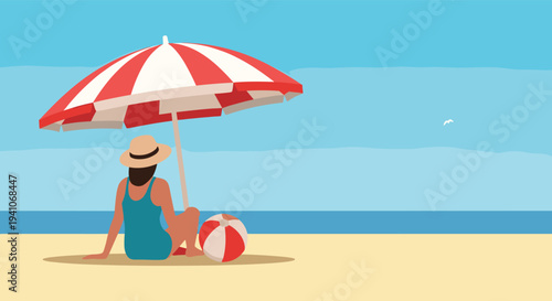 Relaxing summer scene of a woman sitting on a sunny sandy beach under a red and white umbrella with a beach ball nearby.