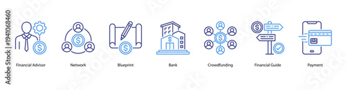 Financial Services web banner vector illustration featuring Financial Advisor, Network, Blueprint, Bank, Crowdfunding, Financial Guide, and Payment.