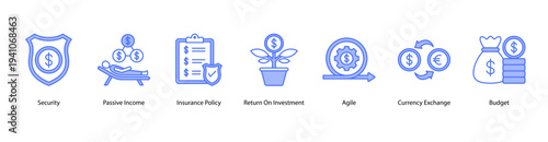 Investment and Security web banner vector illustration featuring Security, Passive Income, Insurance Policy, Return On Investment, Agile, Currency Exchange, and Budget.