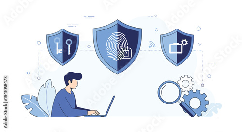 Professional working on a laptop surrounded by large security shields symbolizing data protection, digital keys, and fingerprint authentication.