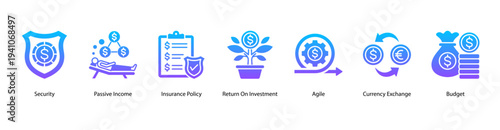 Investment and Security web banner vector illustration featuring Security, Passive Income, Insurance Policy, Return On Investment, Agile, Currency Exchange, and Budget.