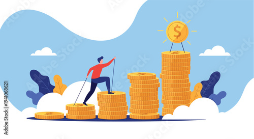 Ambitious person climbing a staircase of coin stacks towards a giant glowing dollar coin representing financial success and career growth.