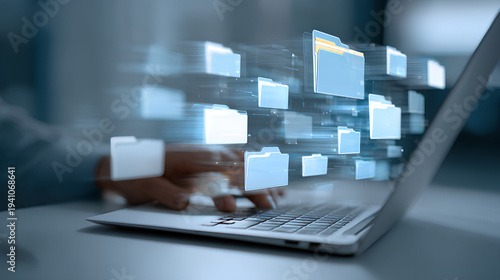 Digital folder management system on laptop screen showing file organization and data storage. office worker in virtual workspace for efficient online document archiving and business productivity