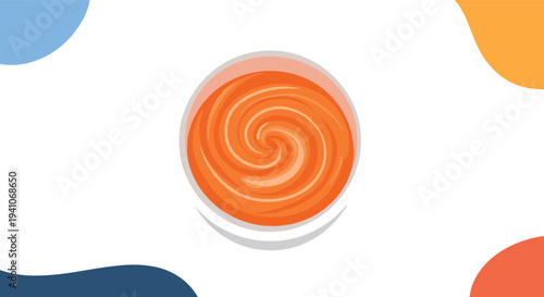 Appetizing top-down view of a bowl of creamy orange pumpkin or tomato soup with a beautiful swirl texture and abstract background.