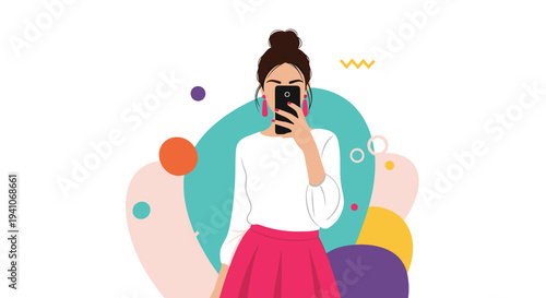 Stylish woman with a hair bun taking a mirror selfie using her black smartphone against a vibrant abstract background with shapes.