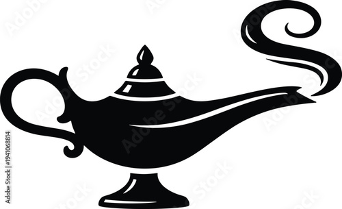Black magic oil lamp silhouette with smoke swirl ancient Arabian genie lamp fantasy vector icon isolated on white background