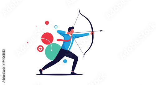 Determined businessman in a blue suit aiming a bow and arrow towards a target representing focus, business goals, and ultimate success.
