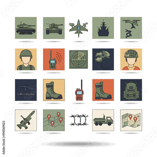 A comprehensive set of flat design military icons featuring various vehicles, equipment, personnel, and strategic elements.