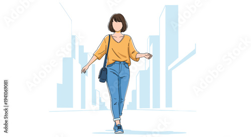 Confident young woman walking through a modern city with tall buildings in a light blue and yellow sketchy stylized illustration.
