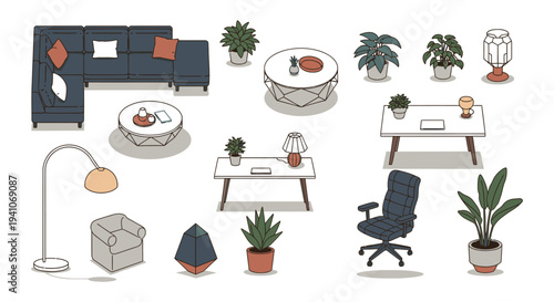 modern isometric furniture and houseplant illustrations for contemporary home and office interior design and decor concepts.