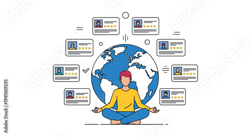 Meditating man in yellow shirt sits in yoga pose in front of blue globe surrounded by various user profiles with star ratings and check marks.