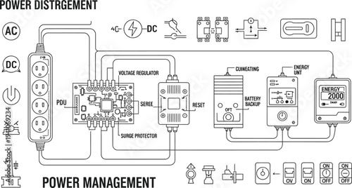 A detailed schematic illustrates a complex power management system involving AC to DC conversion, surge protection, and battery backup components.