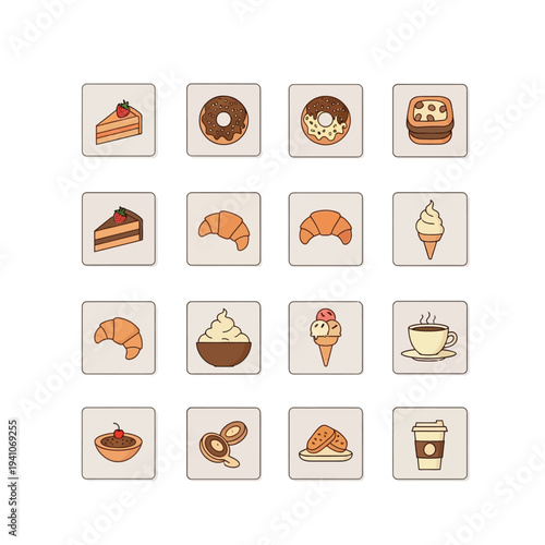 A collection of sixteen square icons depicting various sweet desserts, pastries, and coffee beverages in a flat, outlined style.