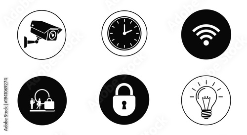 Set of six minimalist black and white circular icons representing home security, time management, wifi signal, restricted access, and ideas.