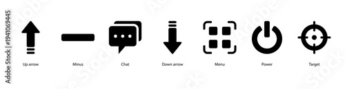Navigation Tools web banner vector illustration featuring Up Arrow, Minus, Chat, Down Arrow, Menu, Power, and Target for digital communication and control.