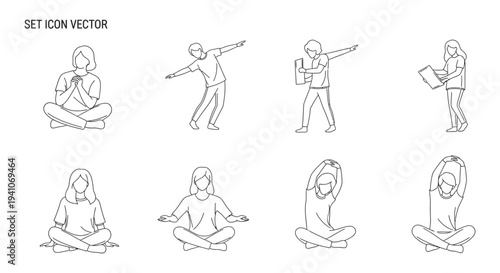 line art vector icon set of diverse people meditating stretching reading and performing various wellness activities