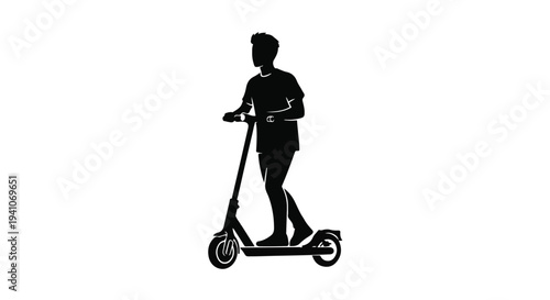 Silhouette of a young person riding an electric scooter on a white background