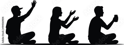Group of people silhouettes sitting on ground including man waving hand, woman talking, and boy holding drink for social gathering summer concept