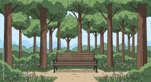 Peaceful outdoor scene featuring classic wooden park bench sitting on dirt path surrounded by lush green trees and small white wildflowers.