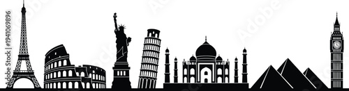 Famous world landmarks skyline silhouette with Eiffel Tower, Colosseum, Statue of Liberty, Leaning Tower of Pisa, Taj Mahal, Great Pyramids and Big Ben