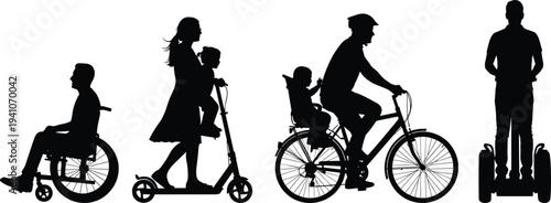 Mobility silhouette illustration, wheelchair user, family scooter ride, father cycling with child seat, modern Segway transport, diverse personal transportation artwork