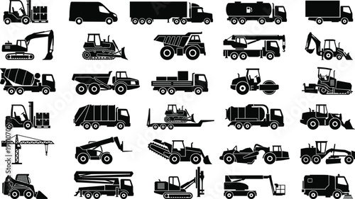 Black construction vehicle silhouettes set, heavy machinery icons including crane, excavator, forklift, truck, tractor, and industrial equipment vector for transport and building projects
