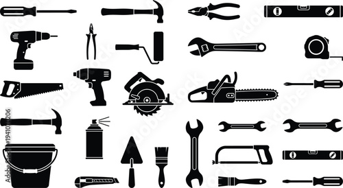 Black hardware tool silhouettes collection featuring hammer, screwdriver, wrench, drill, saw, pliers, level, paintbrush, construction equipment icons for DIY home improvement and professional repair