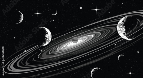 Atmospheric pixel art illustration of planetary system with central ringed planet surrounded by several moons and stars in black space.